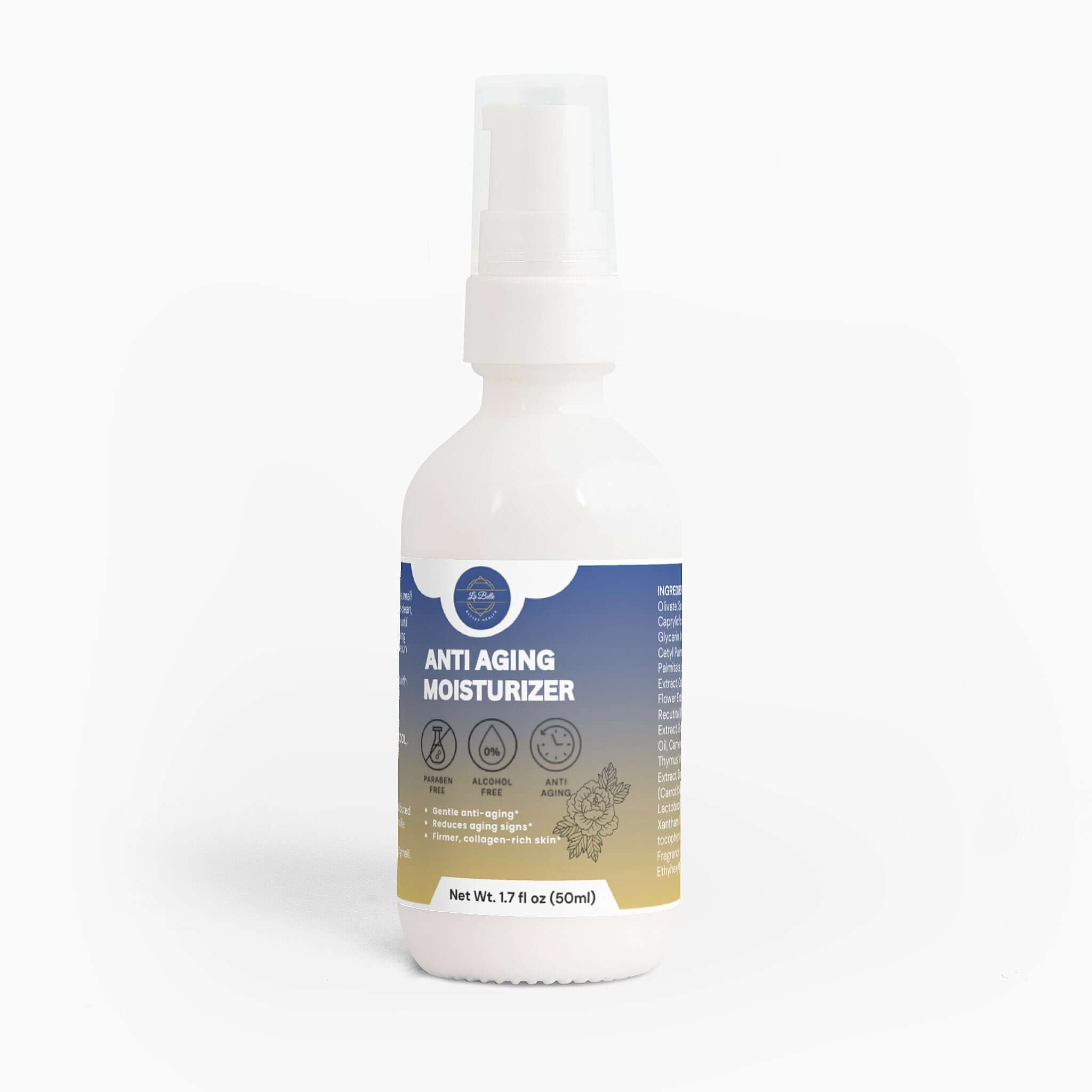 Anti Aging Moisturizer for Sensitive Skin bottle with a spray top, 50ml, promoting hydration and skin vitality.
