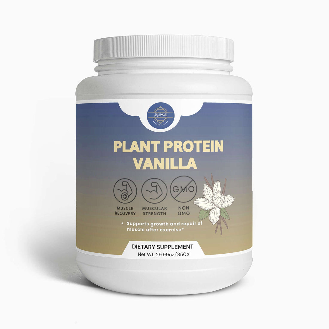 Plant base vanilla protein powder in a white container, promoting muscle recovery and strength after exercise.