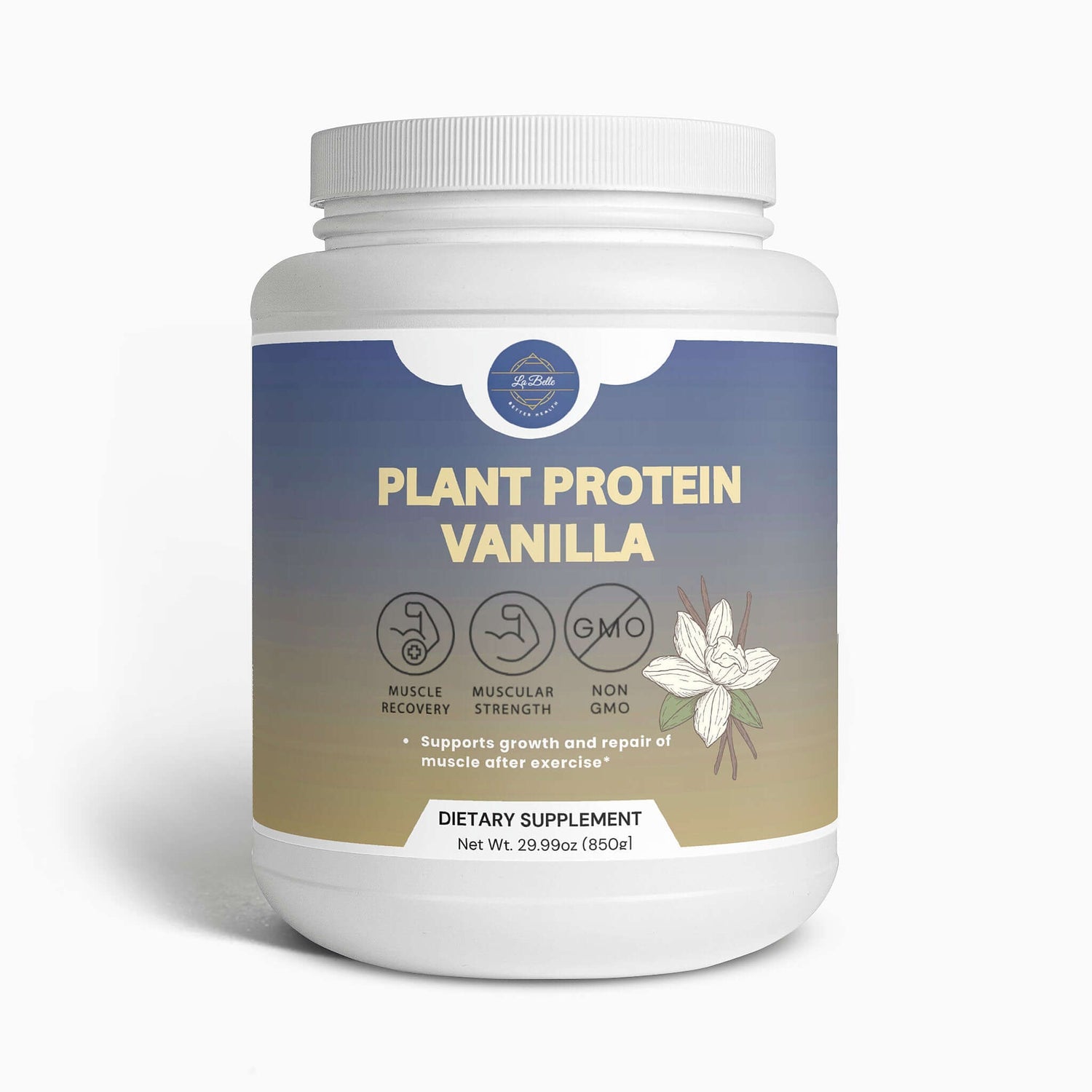 Plant base vanilla protein powder in a white container, promoting muscle recovery and strength after exercise.