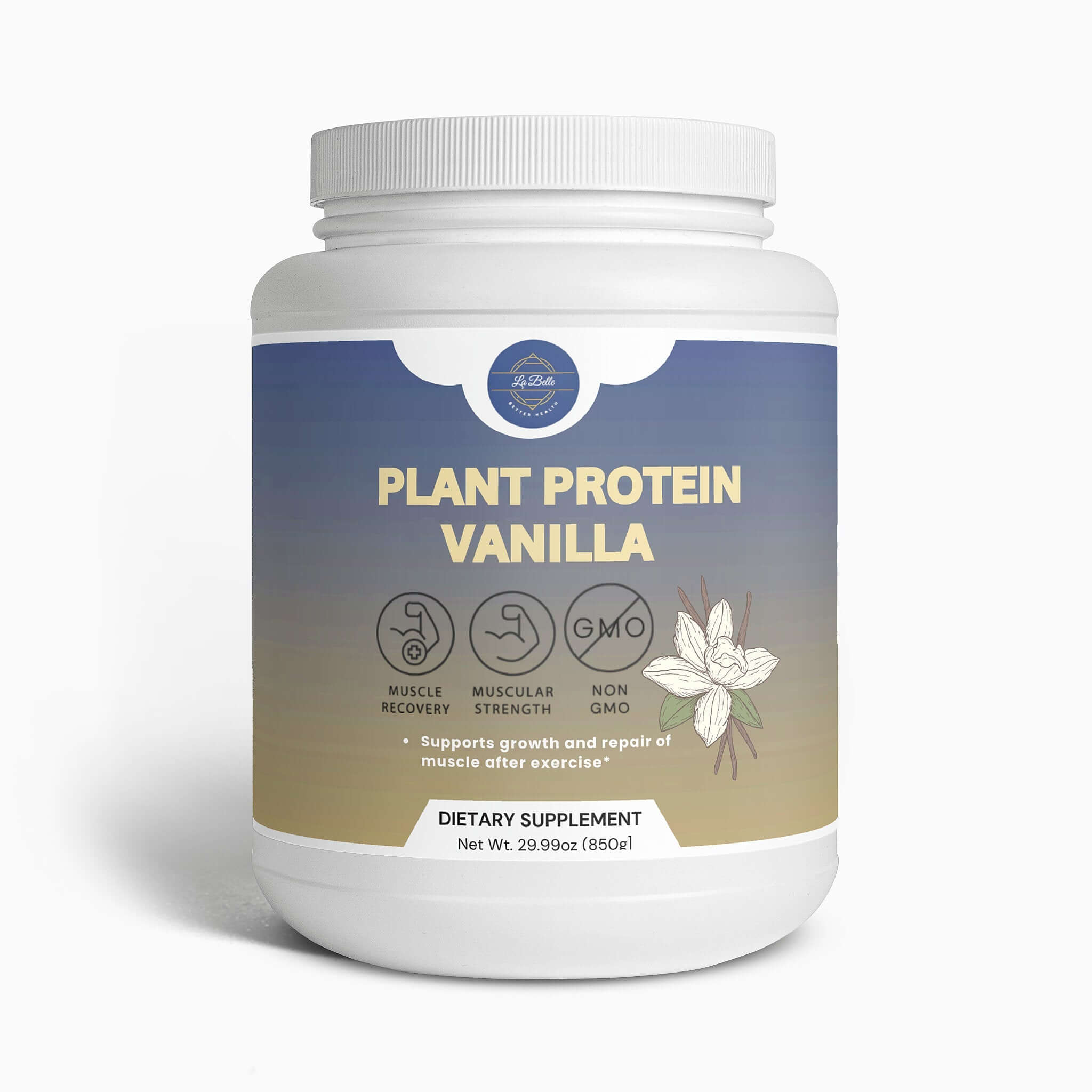 Plant base vanilla protein powder in a white container, promoting muscle recovery and strength after exercise.