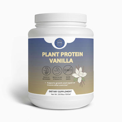 Plant base vanilla protein powder in a white container, promoting muscle recovery and strength after exercise.