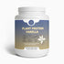 Plant base vanilla protein powder in a white container, promoting muscle recovery and strength after exercise.
