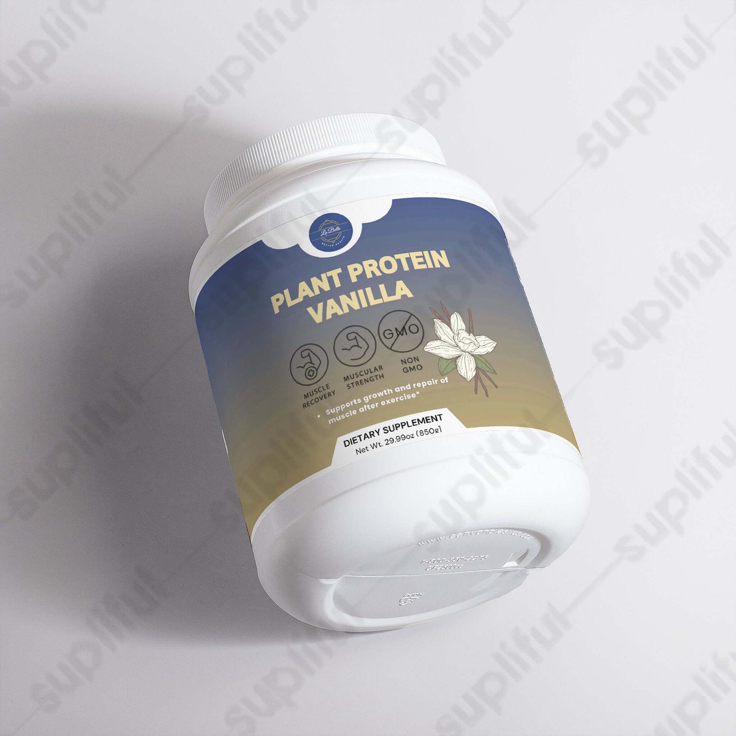 Plant base vanilla protein powder container showcasing its benefits for muscle repair and growth.