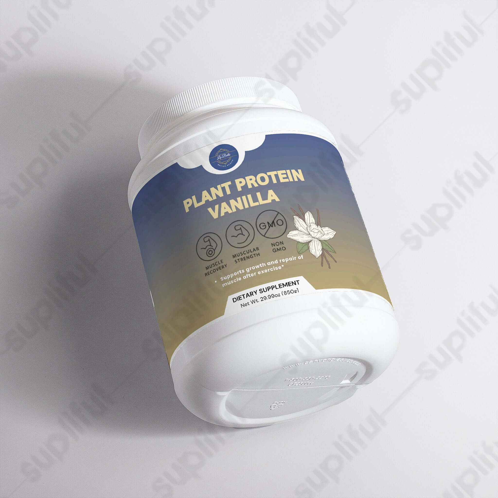 Plant base vanilla protein powder container showcasing its benefits for muscle repair and growth.