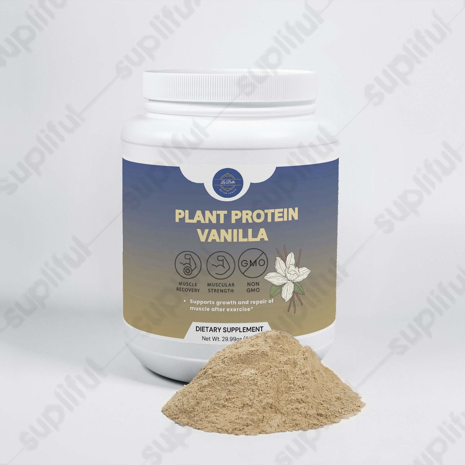 Plant base vanilla protein powder in a tub with a scoop of powder, supporting muscle repair and growth.