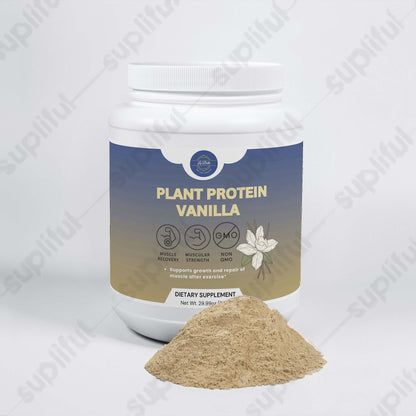 Plant base vanilla protein powder in a tub with a scoop of powder, supporting muscle repair and growth.