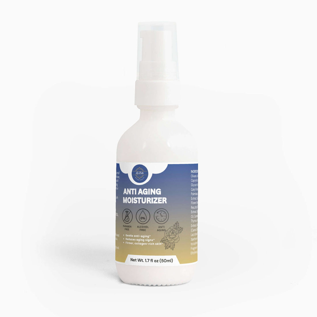 Anti Aging Moisturizer for Sensitive Skin bottle with a spray top, 50ml, promoting hydration and skin vitality.